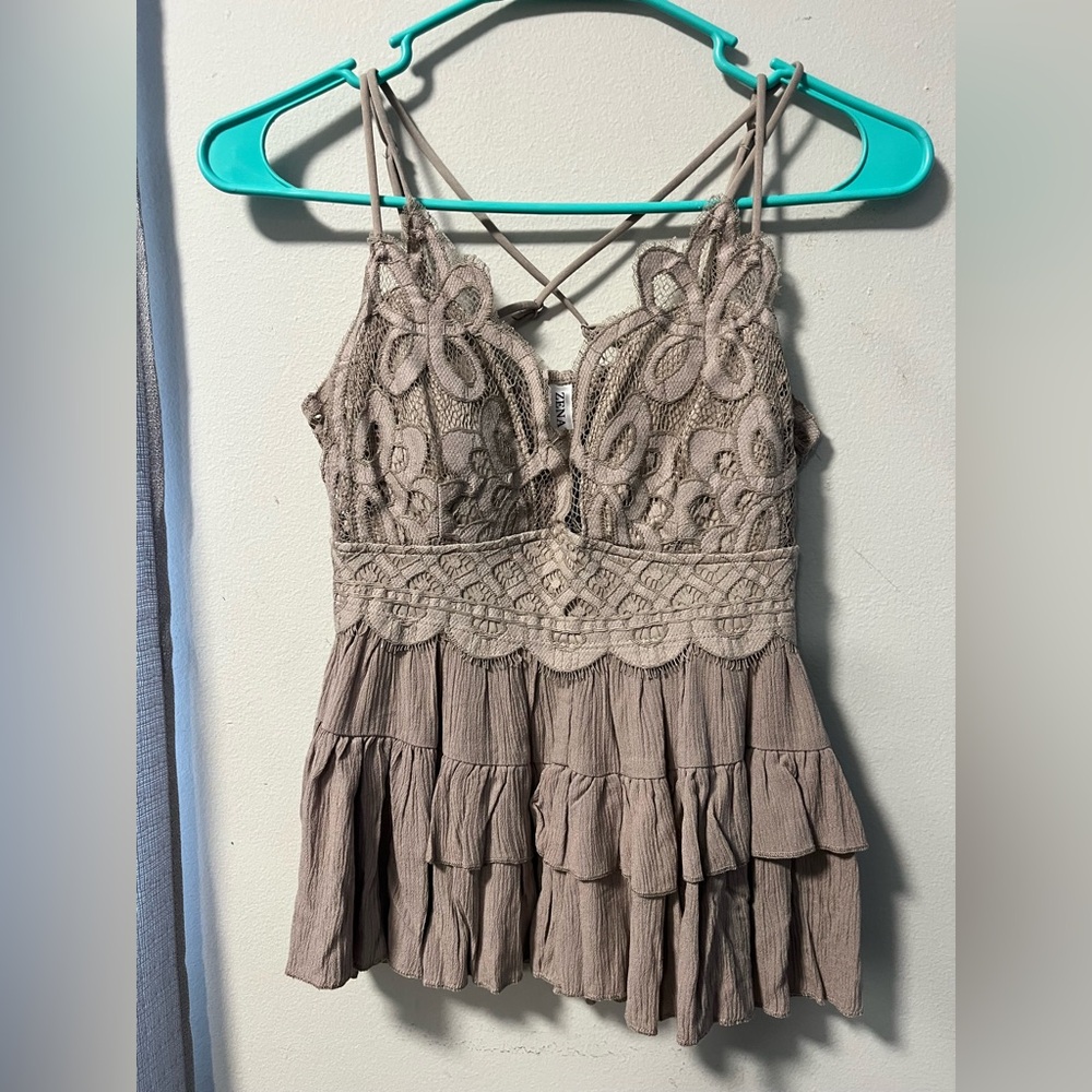Zenana Outfitters Lace Detail Top in Taupe
